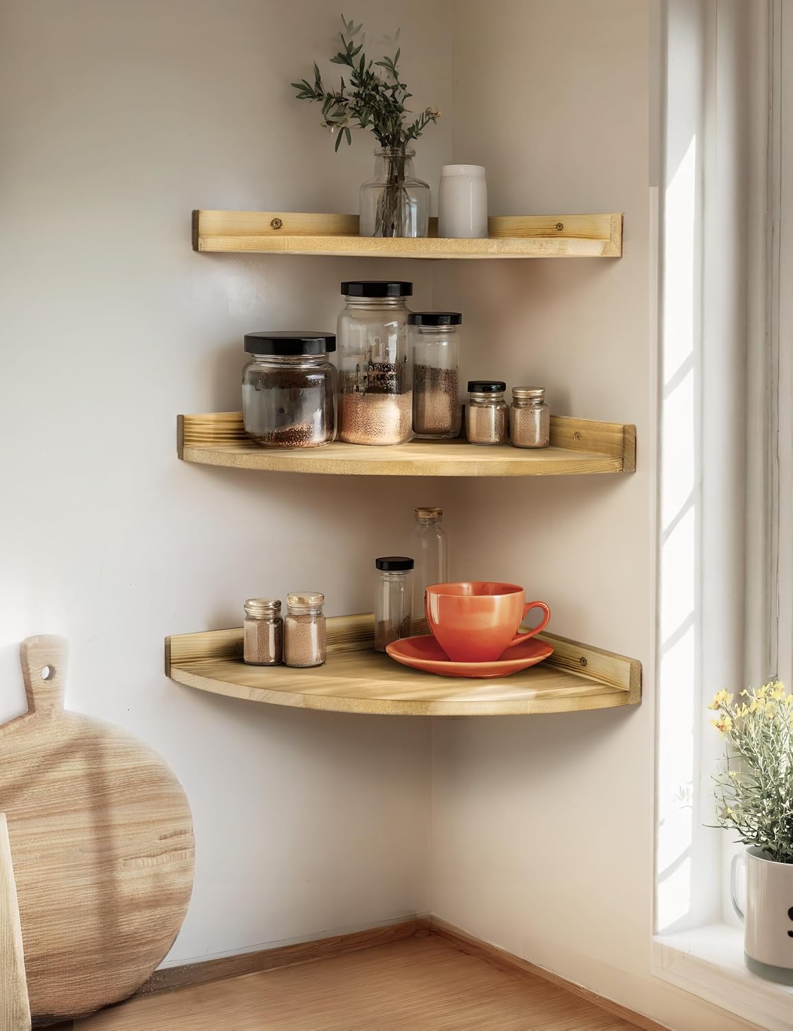 Petrala 3-Piece Solid Pine Wood Corner Shelves Set - Large Vintage Floating Shelves for Wall, Rustic Bookcase for Kitchen, Bedroom, Living Room, Bathroom