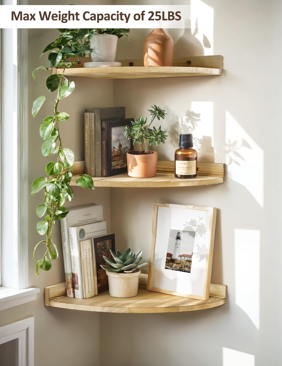 Petrala 3-Piece Solid Pine Wood Corner Shelves Set - Large Vintage Floating Shelves for Wall, Rustic Bookcase for Kitchen, Bedroom, Living Room, Bathroom