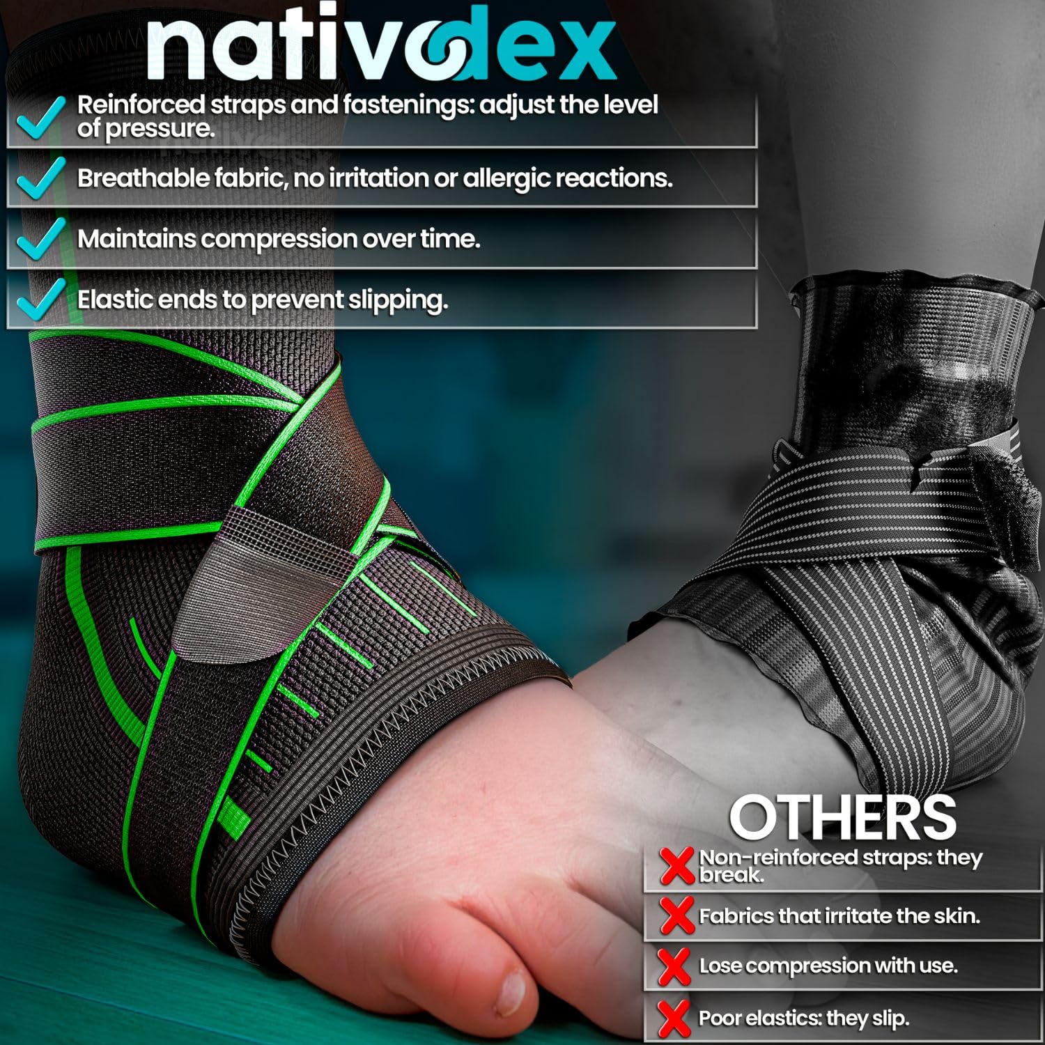 NativoDex Ankle Support Brace - 3D Compression for Sprained Ankle, Plantar Fasciitis, Achilles Tendonitis & Ligament Damage - Adjustable Figure-8 Strap - Left/Right Foot - Men & Women S-XL