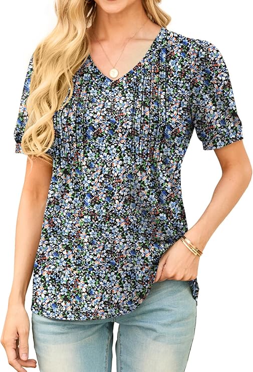 Grecerelle Womens Floral Top - V Neck Puff Short Sleeve Tunic Blouse - Black Anemone Print - Summer Casual Tee
