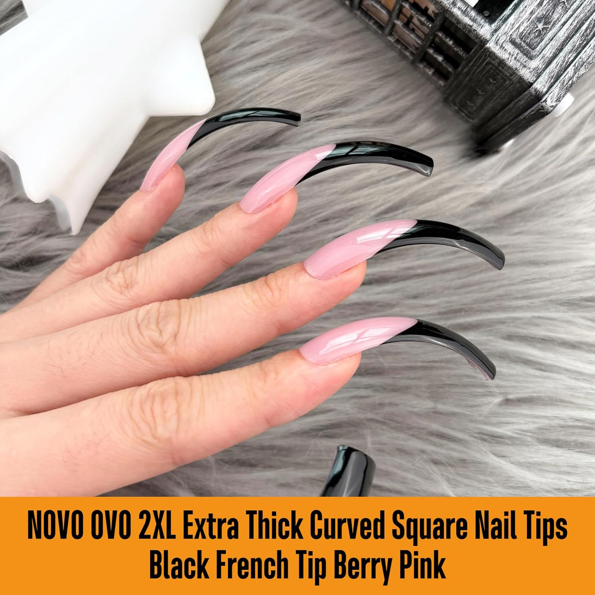 Novo Ovo Halloween Black French Tip Nail Tips - Xxl Curved Square Berry Pink Press On Nails, 144 Pcs Extra Thick Long Acrylic Fake Nails, 12 Sizes Full Cover Extension Kit