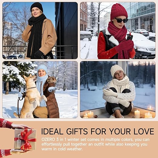 OZERO 3-in-1 winter set with beige beanie, touchscreen gloves, and long scarf for women, ideal for cold weather.