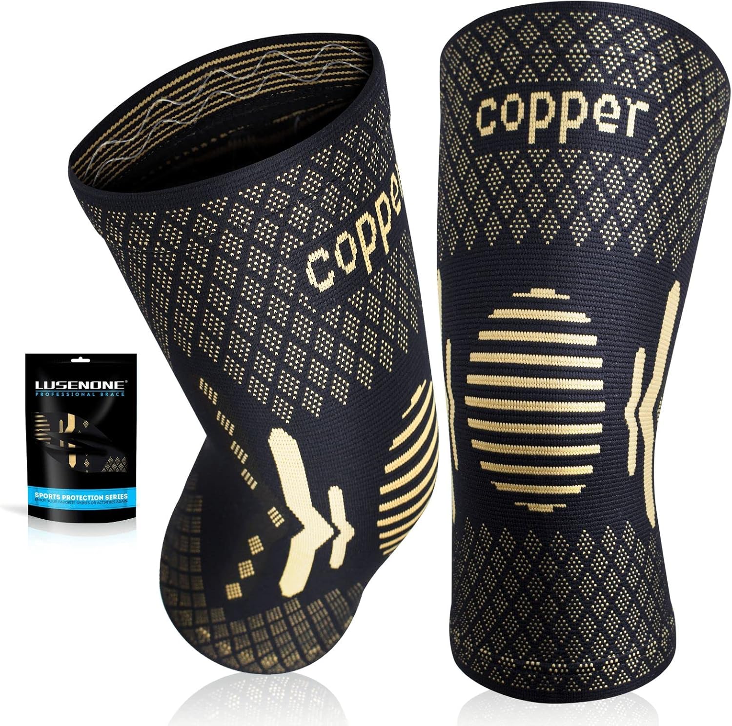 Lusenone Copper Knee Support 2-pack with compression sleeves for men and women, suitable for running, sports, and joint pain relief.