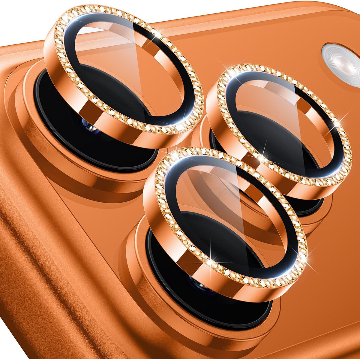 Hoerrye Glitter Orange camera lens protector for iPhone 17 Pro Max and 17 Pro, 9H tempered glass with diamond ring and metal cover.