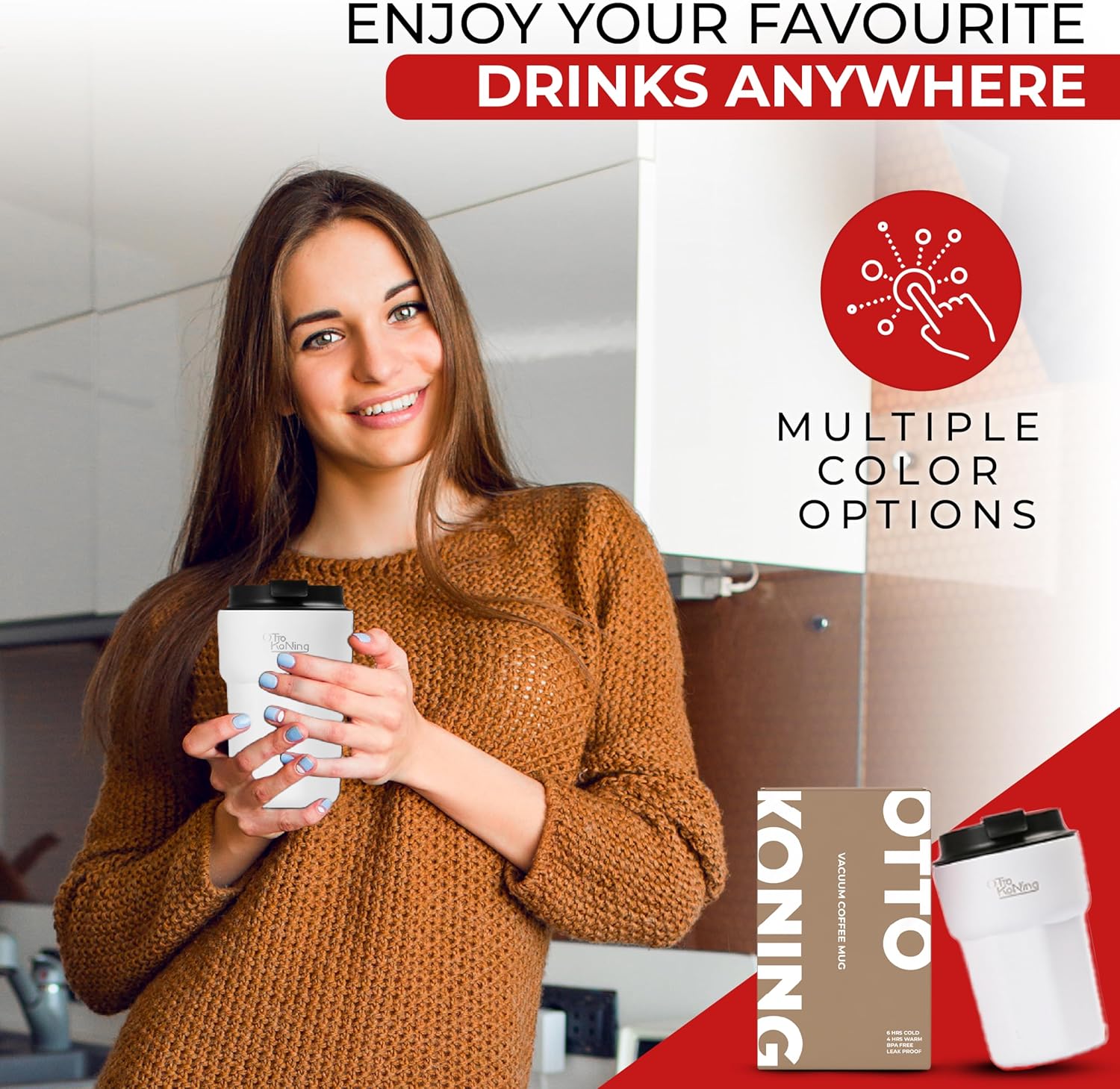 Otto Koning 12oz leakproof travel mug by Thermos, BPA-free, fits cup holders, keeps drinks hot or cold for 4 hours.