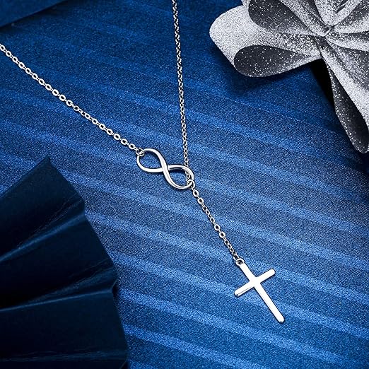 EleQueen 925 Sterling Silver Infinity Cross Lariat Necklace for Women, Dainty Y-Necklace 18in, Religious Pendant Jewelry Gift for Wife Mom Daughter