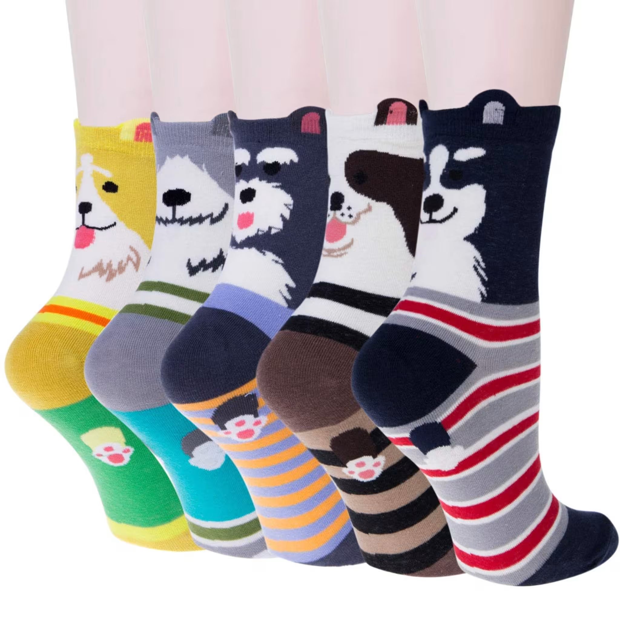 Teenloveme Women's Cute Dog Cartoon Crew Socks 5-Pack - Cotton Blend Novelty Animal Socks One Size UK 3-10