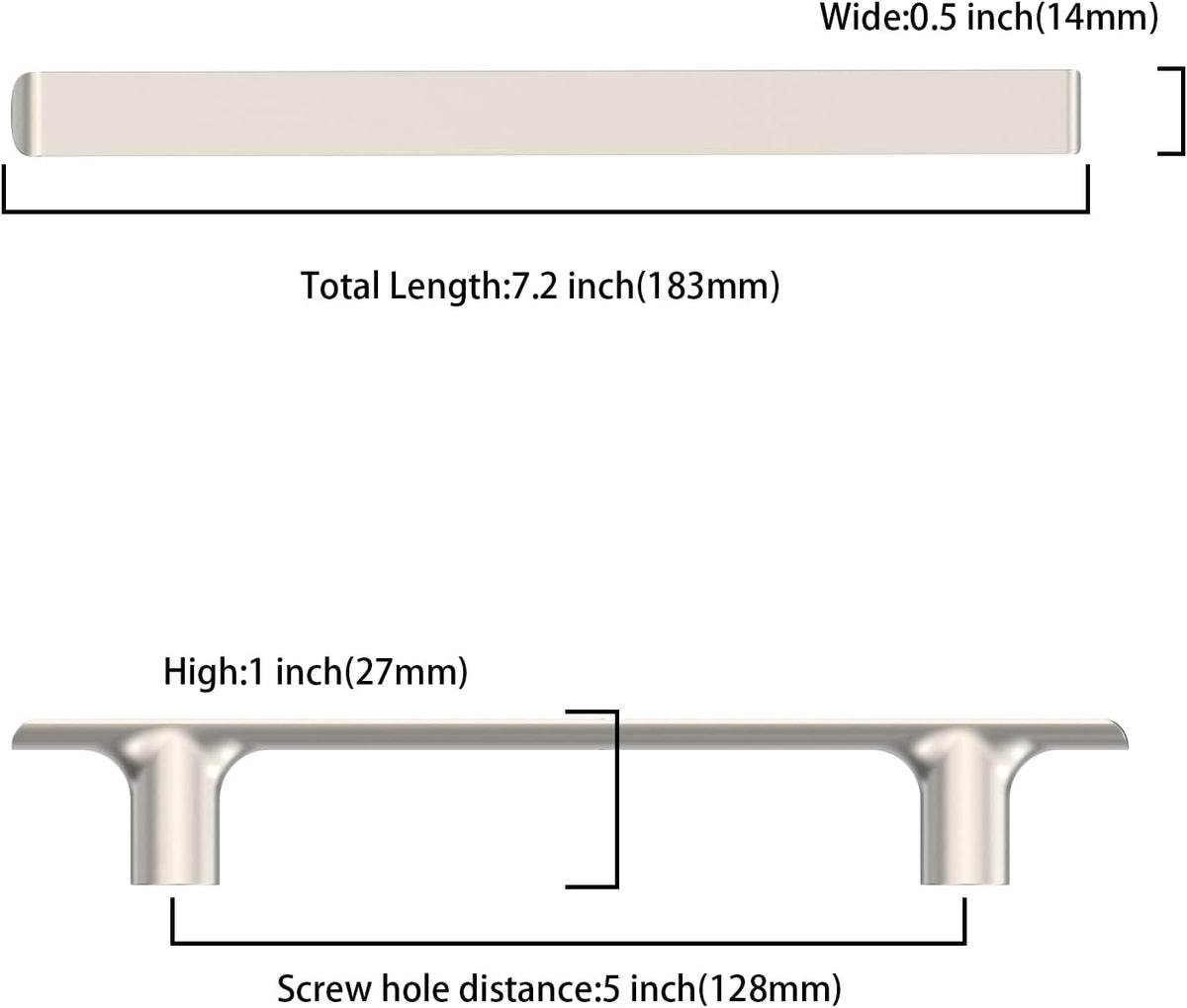 9BUILD 10 Pack 128mm Brushed Satin Nickel Kitchen Cabinet Handles - Modern Cupboard Drawer Pulls Zinc Alloy 183mm Total Length