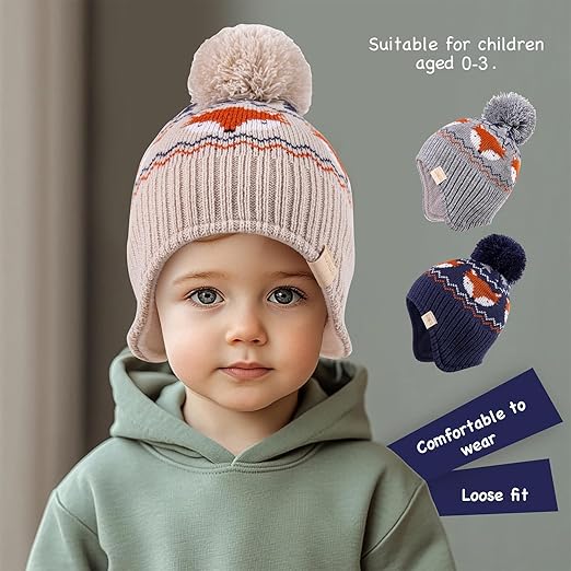 XOMZG Toddler Winter Beanie Hat with Earflaps, Pom Pom & Fleece Lining – Warm Knit Ski Cap for Boys & Girls 0-36 Months