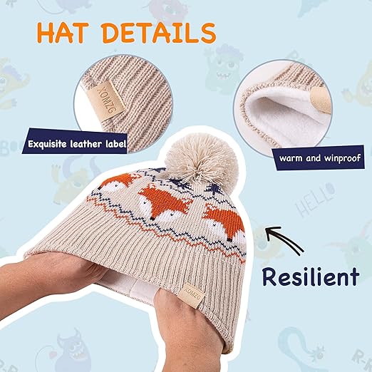 XOMZG Toddler Winter Beanie Hat with Earflaps, Pom Pom & Fleece Lining – Warm Knit Ski Cap for Boys & Girls 0-36 Months