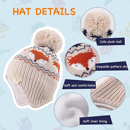 XOMZG Toddler Winter Beanie Hat with Earflaps, Pom Pom & Fleece Lining – Warm Knit Ski Cap for Boys & Girls 0-36 Months