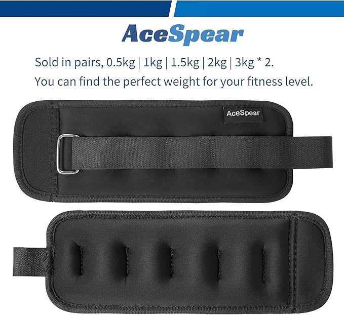 AceSpear Ankle & Wrist Weights | 2 x 1kg (2.2 lbs) Set | Adjustable Neoprene Sandbags with Steel Balls for Men, Women & Kids | Fitness, Walking, Running, Gym