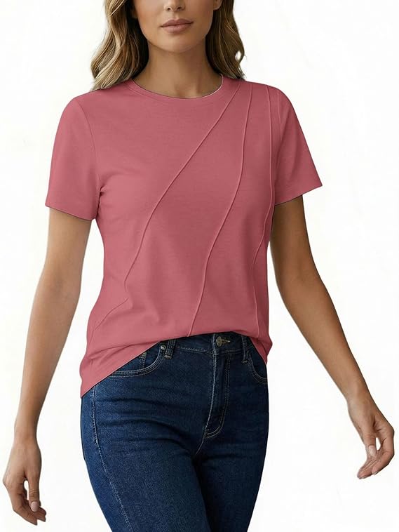 AirMood Women's Summer Casual T-Shirt - Crewneck Short Sleeve Loose Fit Top with Front Slash Seam Design - Soft Breathable Stretch Tee - Pink