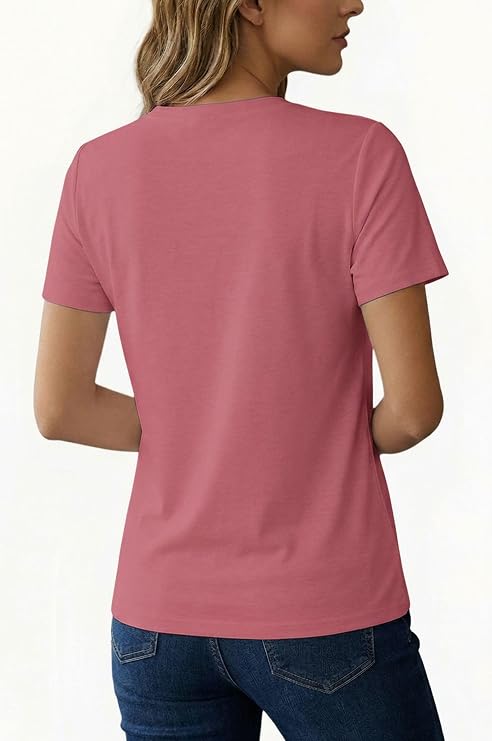 AirMood Women's Summer Casual T-Shirt - Crewneck Short Sleeve Loose Fit Top with Front Slash Seam Design - Soft Breathable Stretch Tee - Pink