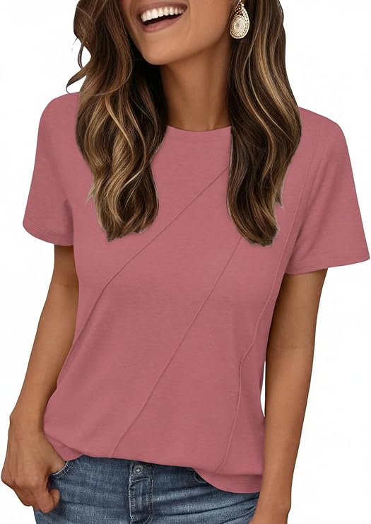 AirMood Women's Summer Casual T-Shirt - Crewneck Short Sleeve Loose Fit Top with Front Slash Seam Design - Soft Breathable Stretch Tee - Pink