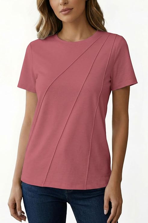 AirMood Women's Summer Casual T-Shirt - Crewneck Short Sleeve Loose Fit Top with Front Slash Seam Design - Soft Breathable Stretch Tee - Pink