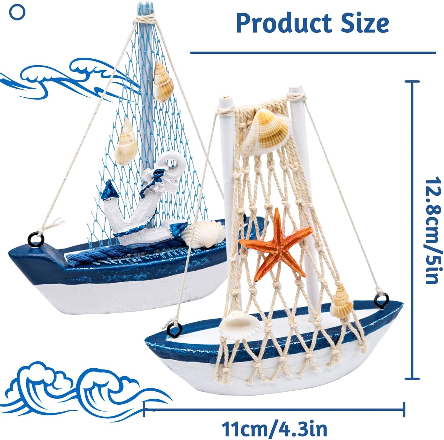 Two miniature wooden sailboat ornaments by Amjkeji with nautical maritime theme for home, office, or holiday decor.