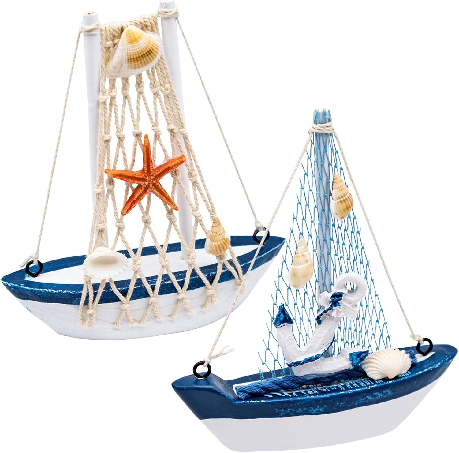 Set of two Amjkeji wooden nautical sailboat ornaments, miniature maritime decor for home, office, or special occasions.