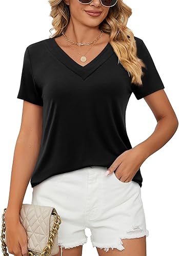Amoretu Women's Black Pleated V-Neck T-Shirt - Casual Loose Fit Tee Tunic Top (Size L)