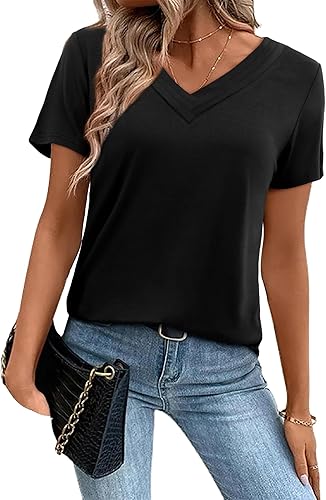 Amoretu Women's Black Pleated V-Neck T-Shirt - Casual Loose Fit Tee Tunic Top (Size L)