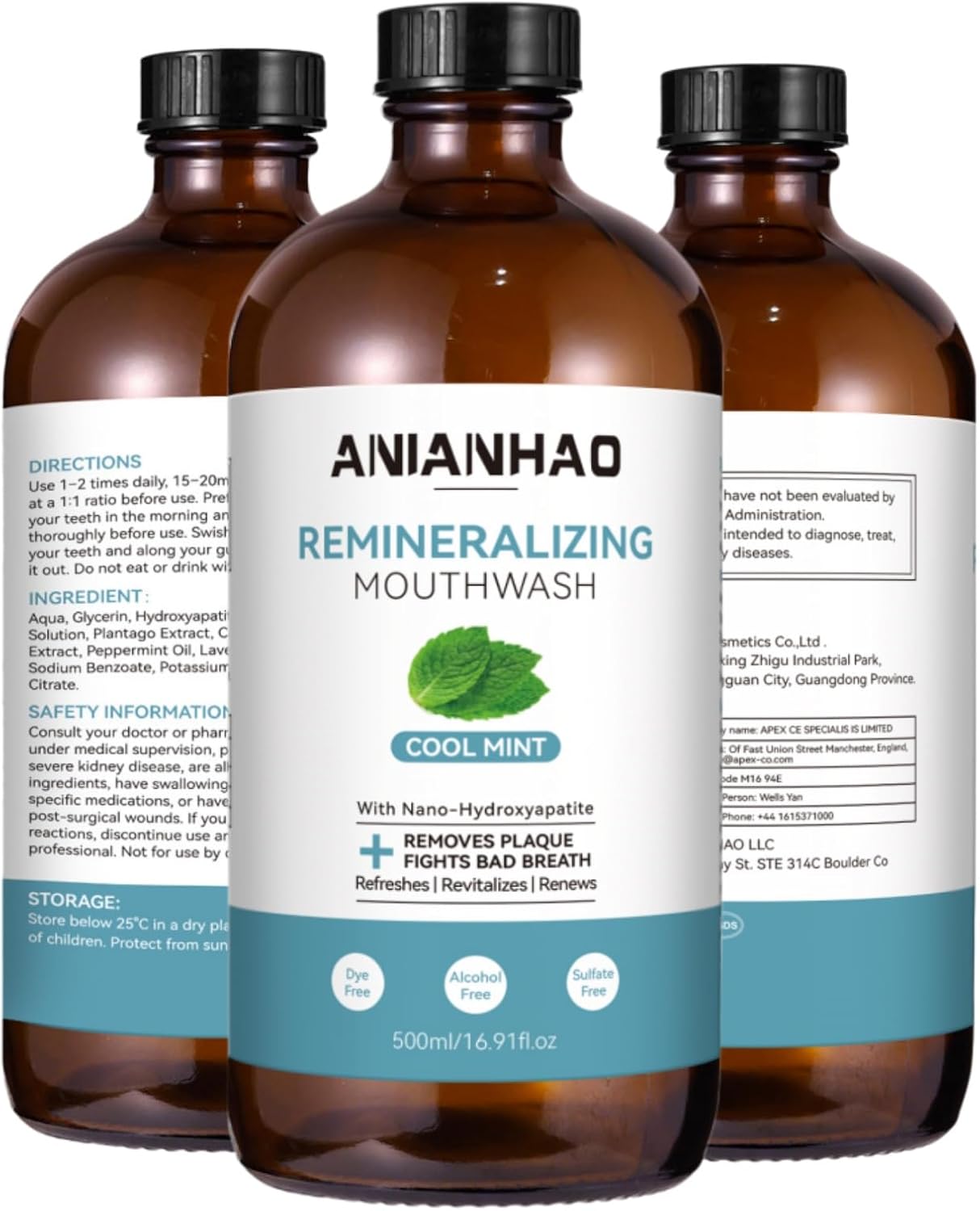 Anianhao Remineralizing Mouthwash Cool Mint 500ML - Nano-hydroxyapatite With Xylitol, Alcohol Free, Sls & Dye Free - Fresh Breath, Plaque Control & Enamel Strength