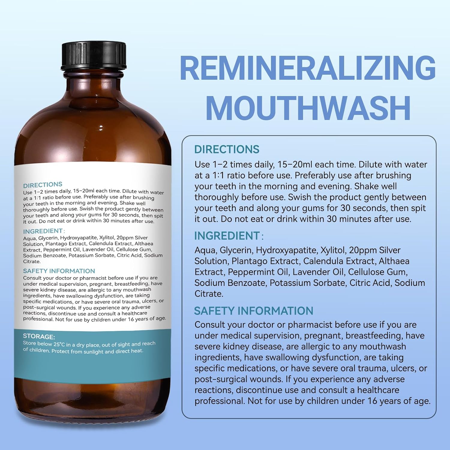 Anianhao Remineralizing Mouthwash Cool Mint 500ML - Nano-hydroxyapatite With Xylitol, Alcohol Free, Sls & Dye Free - Fresh Breath, Plaque Control & Enamel Strength