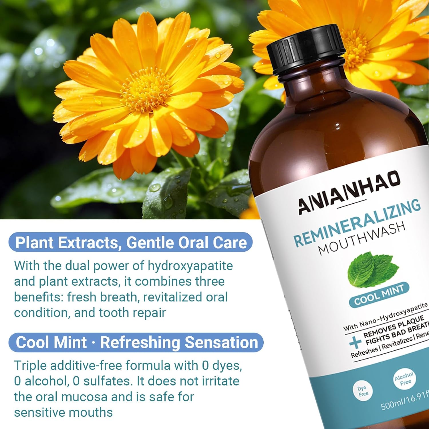 Anianhao Remineralizing Mouthwash Cool Mint 500ML - Nano-hydroxyapatite With Xylitol, Alcohol Free, Sls & Dye Free - Fresh Breath, Plaque Control & Enamel Strength