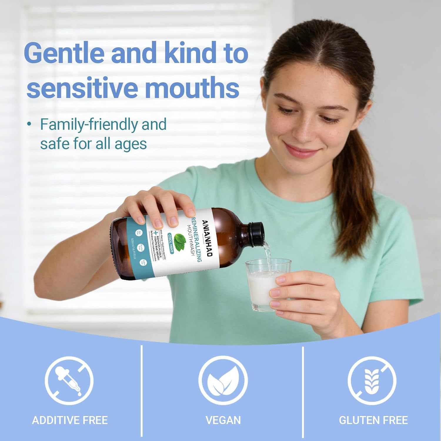 Anianhao Remineralizing Mouthwash Cool Mint 500ML - Nano-hydroxyapatite With Xylitol, Alcohol Free, Sls & Dye Free - Fresh Breath, Plaque Control & Enamel Strength