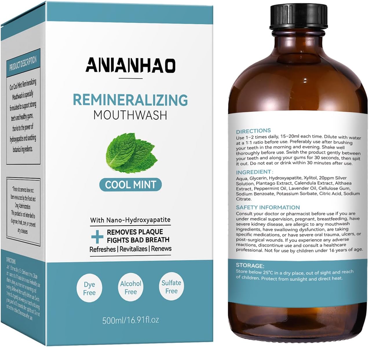 Anianhao Remineralizing Mouthwash Cool Mint 500ML - Nano-hydroxyapatite With Xylitol, Alcohol Free, Sls & Dye Free - Fresh Breath, Plaque Control & Enamel Strength