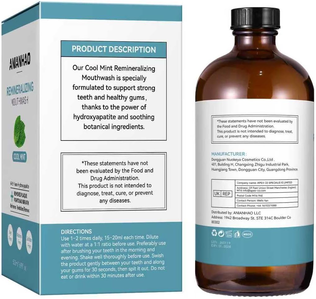 Anianhao Remineralizing Mouthwash Cool Mint 500ML - Nano-hydroxyapatite With Xylitol, Alcohol Free, Sls & Dye Free - Fresh Breath, Plaque Control & Enamel Strength