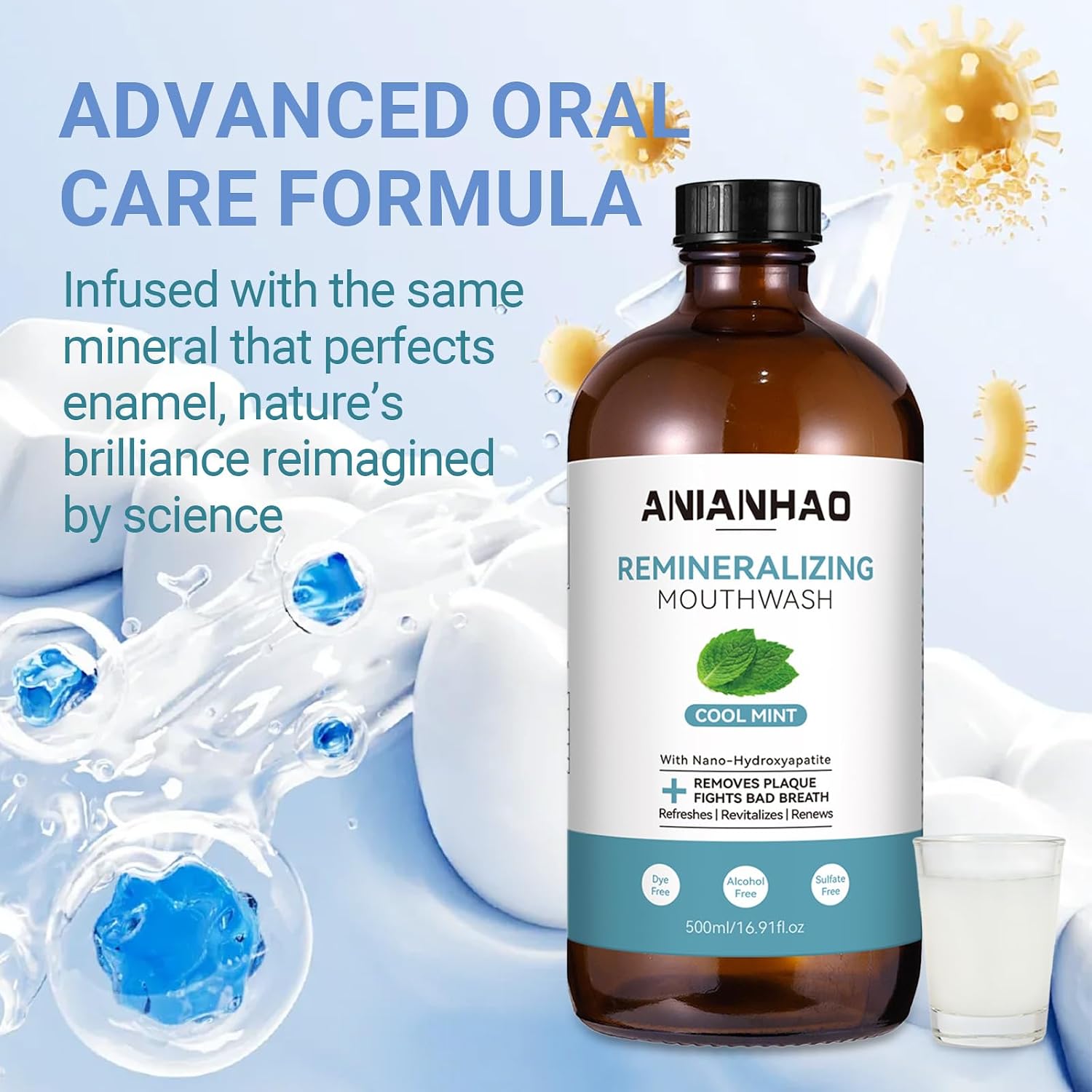 Anianhao Remineralizing Mouthwash Cool Mint 500ML - Nano-hydroxyapatite With Xylitol, Alcohol Free, Sls & Dye Free - Fresh Breath, Plaque Control & Enamel Strength