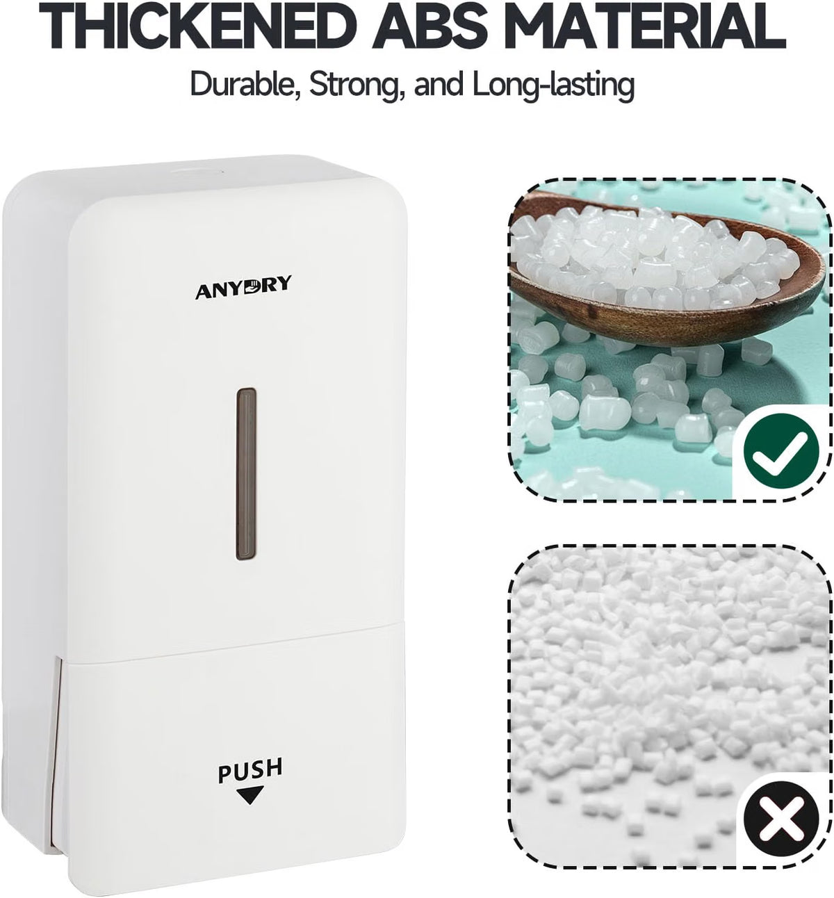 Anydry wall-mounted soap dispenser, 800ml capacity, BPA-free ABS, drill-free installation, suitable for bathroom, kitchen, and commercial use