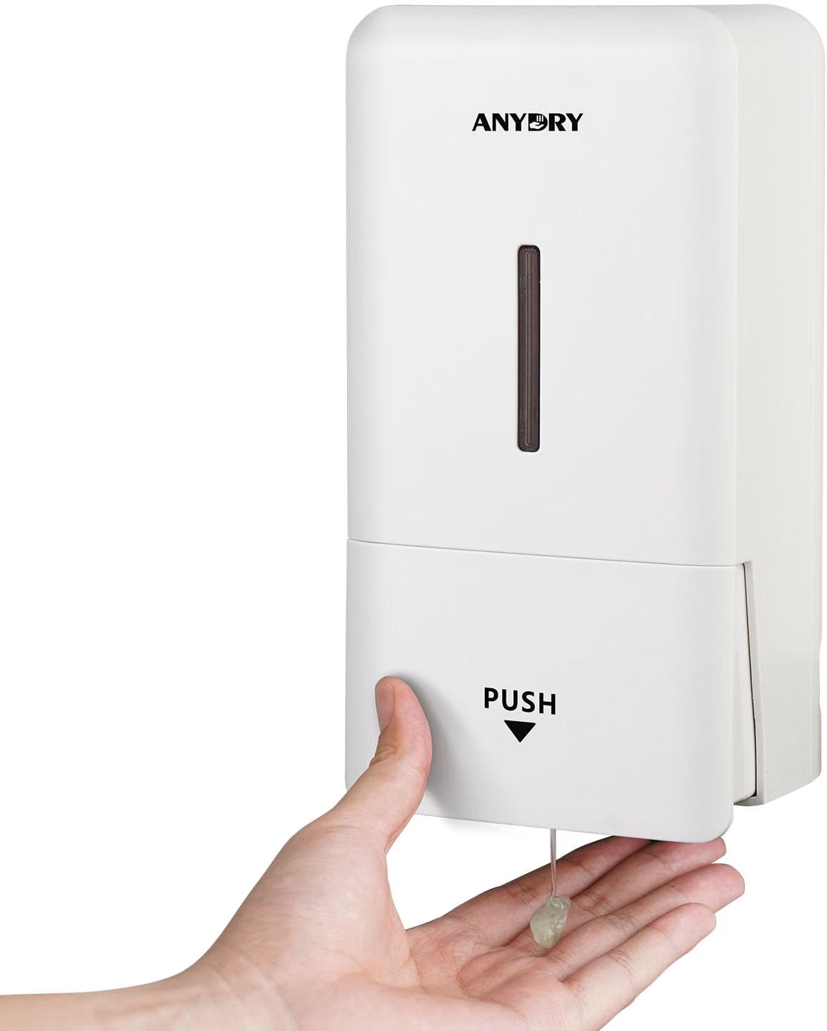 Anydry wall-mounted soap dispenser with 800ml capacity, BPA-free ABS, suitable for bathroom, kitchen, and commercial use.