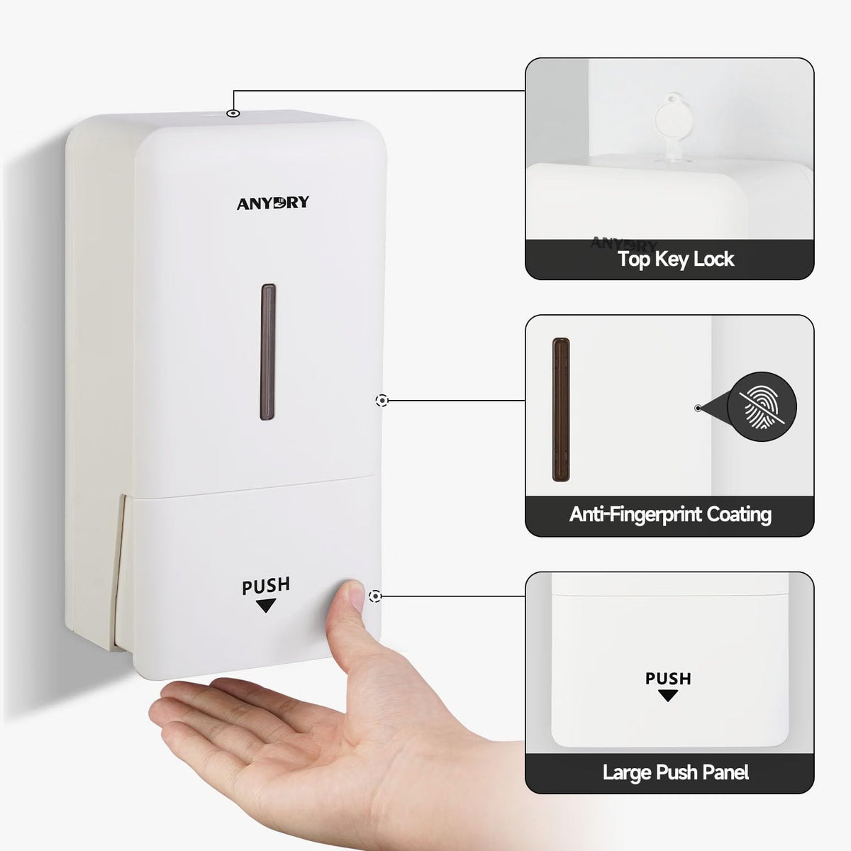 Anydry wall-mounted soap dispenser with 800ml capacity, BPA-free ABS, suitable for home, bathroom, kitchen, and office use.