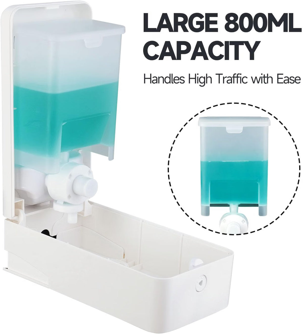 Anydry wall-mounted soap dispenser with 800ml capacity, BPA-free ABS, suitable for bathroom, kitchen, and commercial use