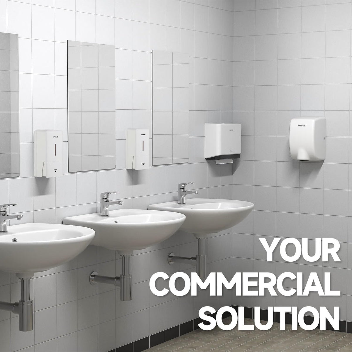 Anydry wall-mounted soap dispenser with 800ml capacity, BPA-free ABS, suitable for bathroom, kitchen, and commercial use