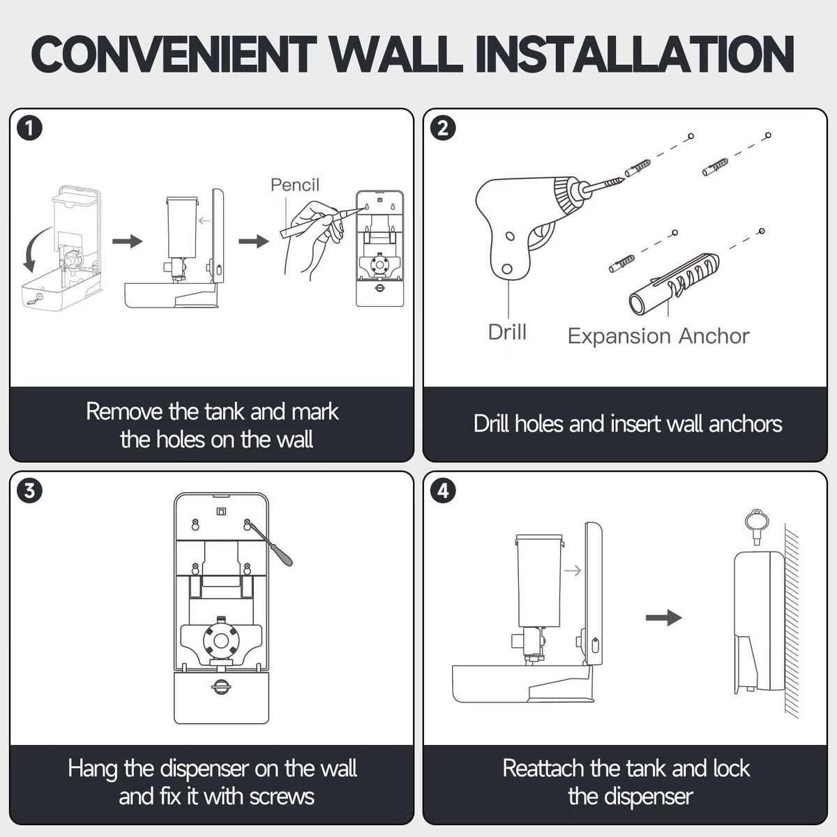Anydry wall-mounted soap dispenser with 800ml capacity, BPA-free ABS, suitable for bathroom, kitchen, or office use