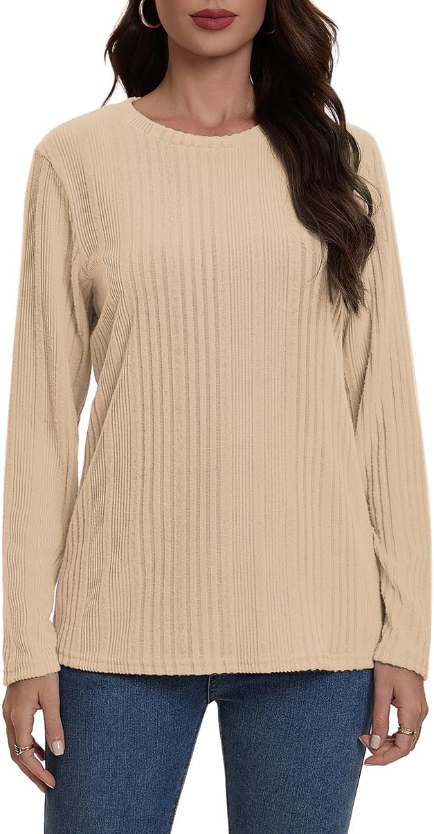 Suncife Womens Long Sleeve Ribbed Top - Dressy Casual Crew Neck Tunic T-Shirt - Soft Breathable Pullover Top
