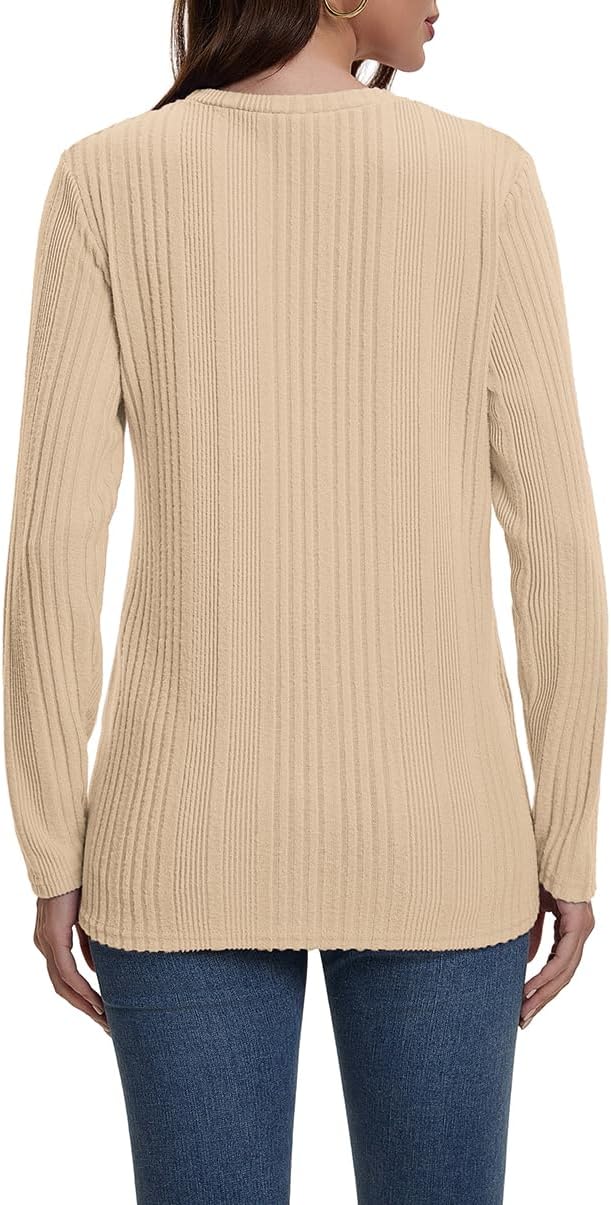 Suncife Womens Long Sleeve Ribbed Top - Dressy Casual Crew Neck Tunic T-Shirt - Soft Breathable Pullover Top