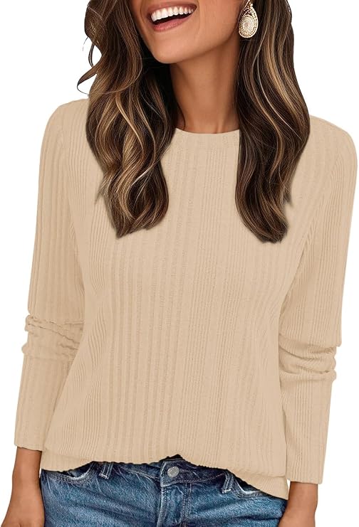 Suncife Womens Long Sleeve Ribbed Top - Dressy Casual Crew Neck Tunic T-Shirt - Soft Breathable Pullover Top
