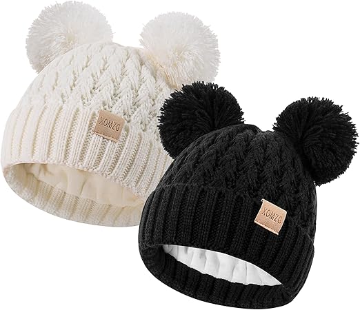 XOMZG 2-Pack Baby Winter Beanie Hats with Pom Poms, Fleece Lined Warm Knit Toddler Hats for Boys Girls 0-36 Months