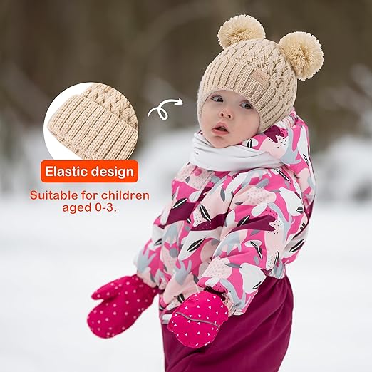 XOMZG 2-Pack Baby Winter Beanie Hats with Pom Poms, Fleece Lined Warm Knit Toddler Hats for Boys Girls 0-36 Months