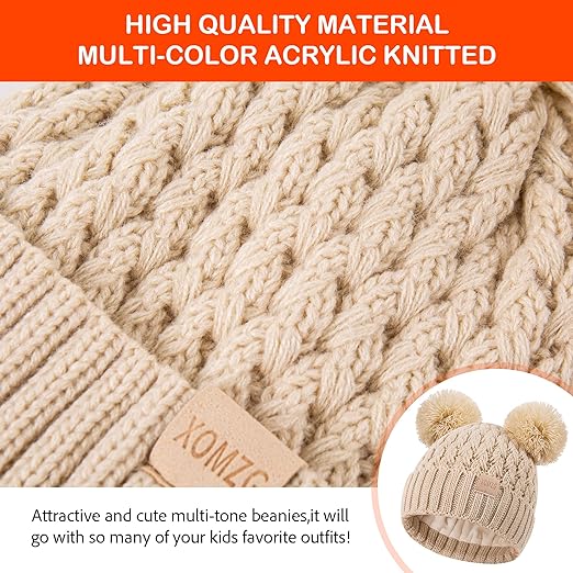 XOMZG 2-Pack Baby Winter Beanie Hats with Pom Poms, Fleece Lined Warm Knit Toddler Hats for Boys Girls 0-36 Months
