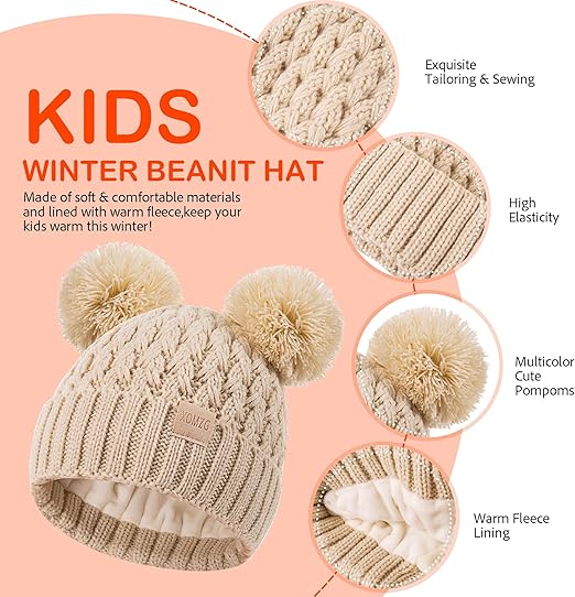 XOMZG 2-Pack Baby Winter Beanie Hats with Pom Poms, Fleece Lined Warm Knit Toddler Hats for Boys Girls 0-36 Months