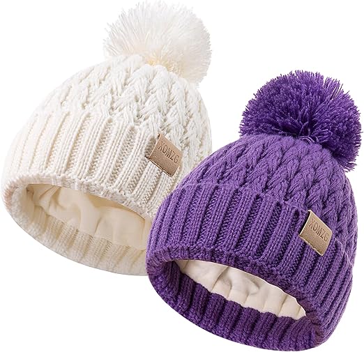 XOMZG 2-Pack Baby Winter Beanie Hats with Pom Poms, Fleece Lined Warm Knit Toddler Hats for Boys Girls 0-36 Months