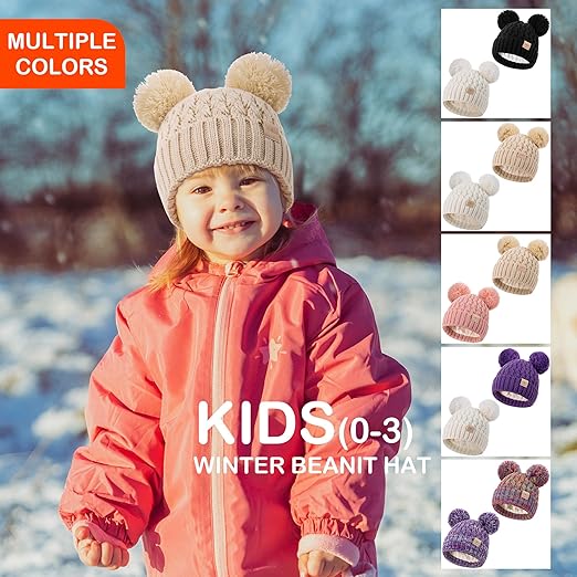 XOMZG 2-Pack Baby Winter Beanie Hats with Pom Poms, Fleece Lined Warm Knit Toddler Hats for Boys Girls 0-36 Months