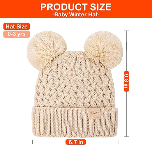 XOMZG 2-Pack Baby Winter Beanie Hats with Pom Poms, Fleece Lined Warm Knit Toddler Hats for Boys Girls 0-36 Months