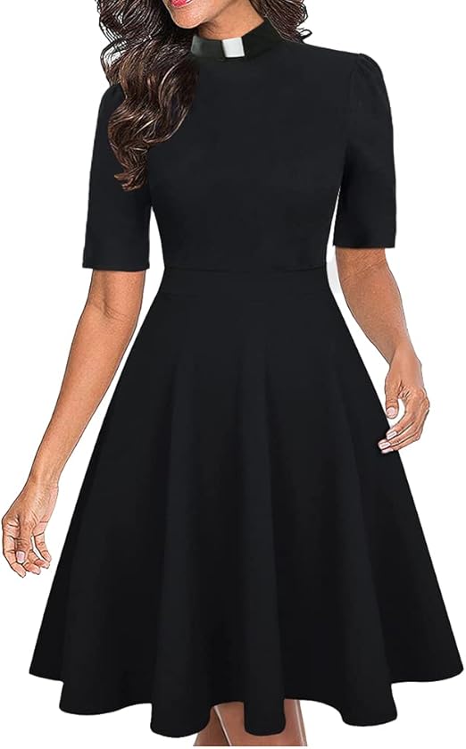 Elegant BPURB clergy dress for women featuring a high neckline and comfortable fit, suitable for church or formal occasions.