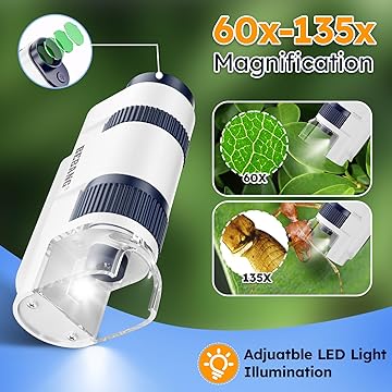 BEBANG 60X-135X Pocket Microscope for Kids & Adults – Includes 5 Specimen Slides | Portable Handheld Mini Microscope