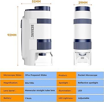 BEBANG 60X-135X Pocket Microscope for Kids & Adults – Includes 5 Specimen Slides | Portable Handheld Mini Microscope
